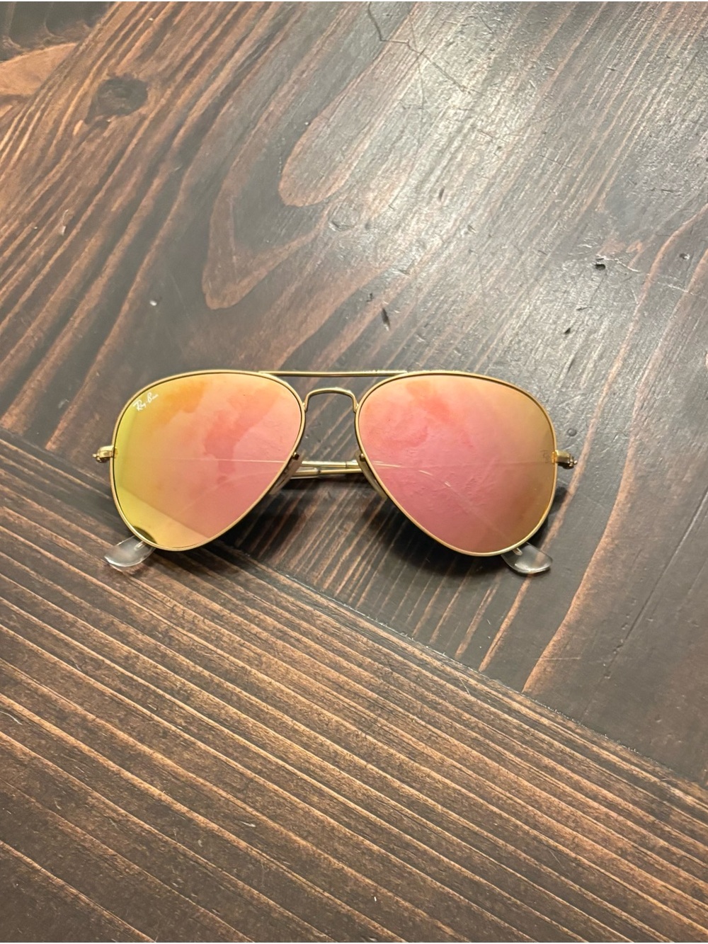Ray-Ban Gold Frame Aviator Sunglasses with Pink-Orange Mirrored Lenses